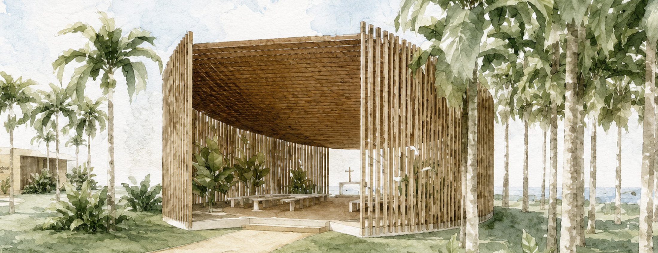 Ilustração da capela com estrutura de madeira ripada entre coqueiros do Vila da Ilha