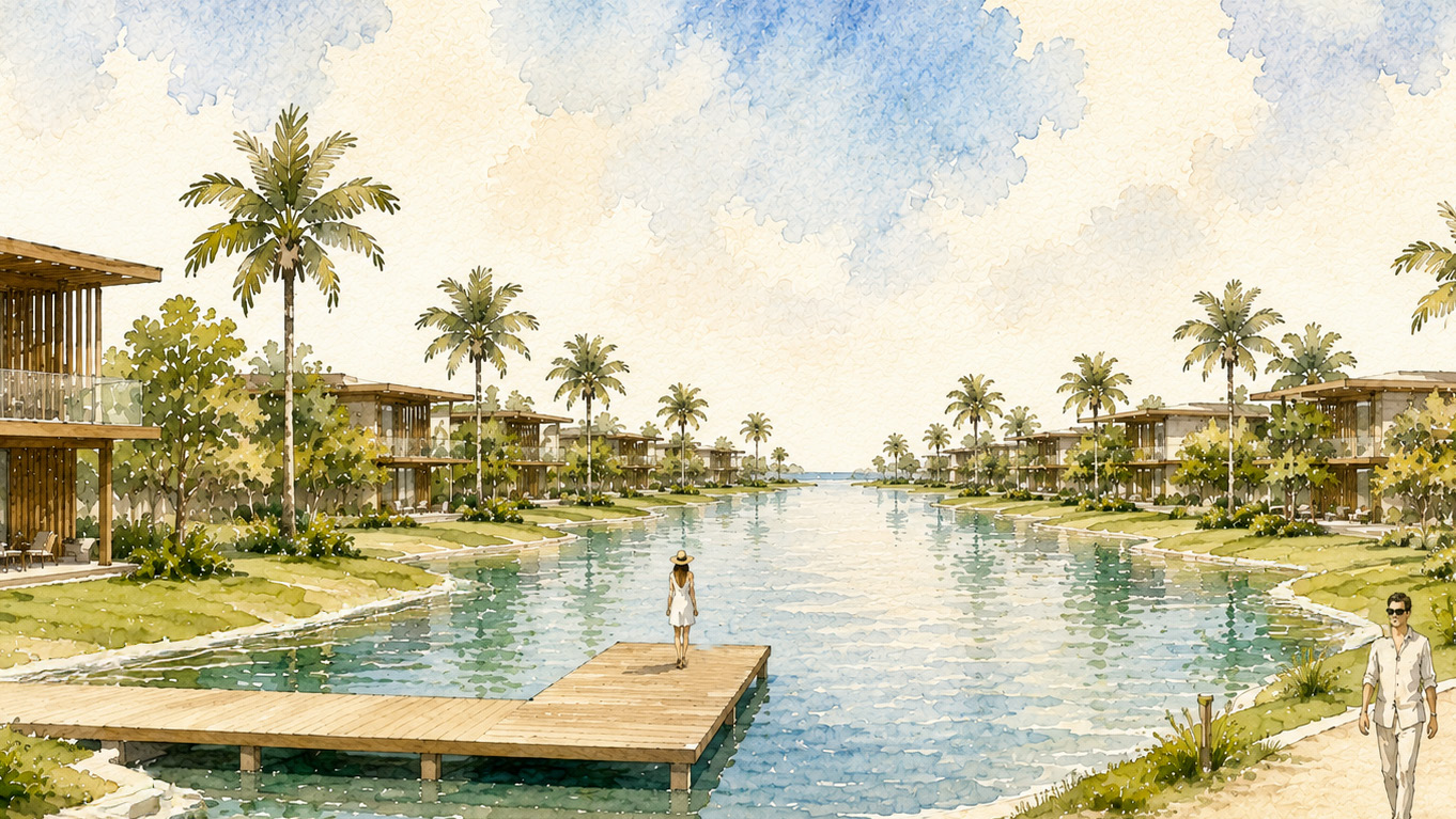 Ilustração dos canais e refúgios do Vila da Ilha à beira d'água